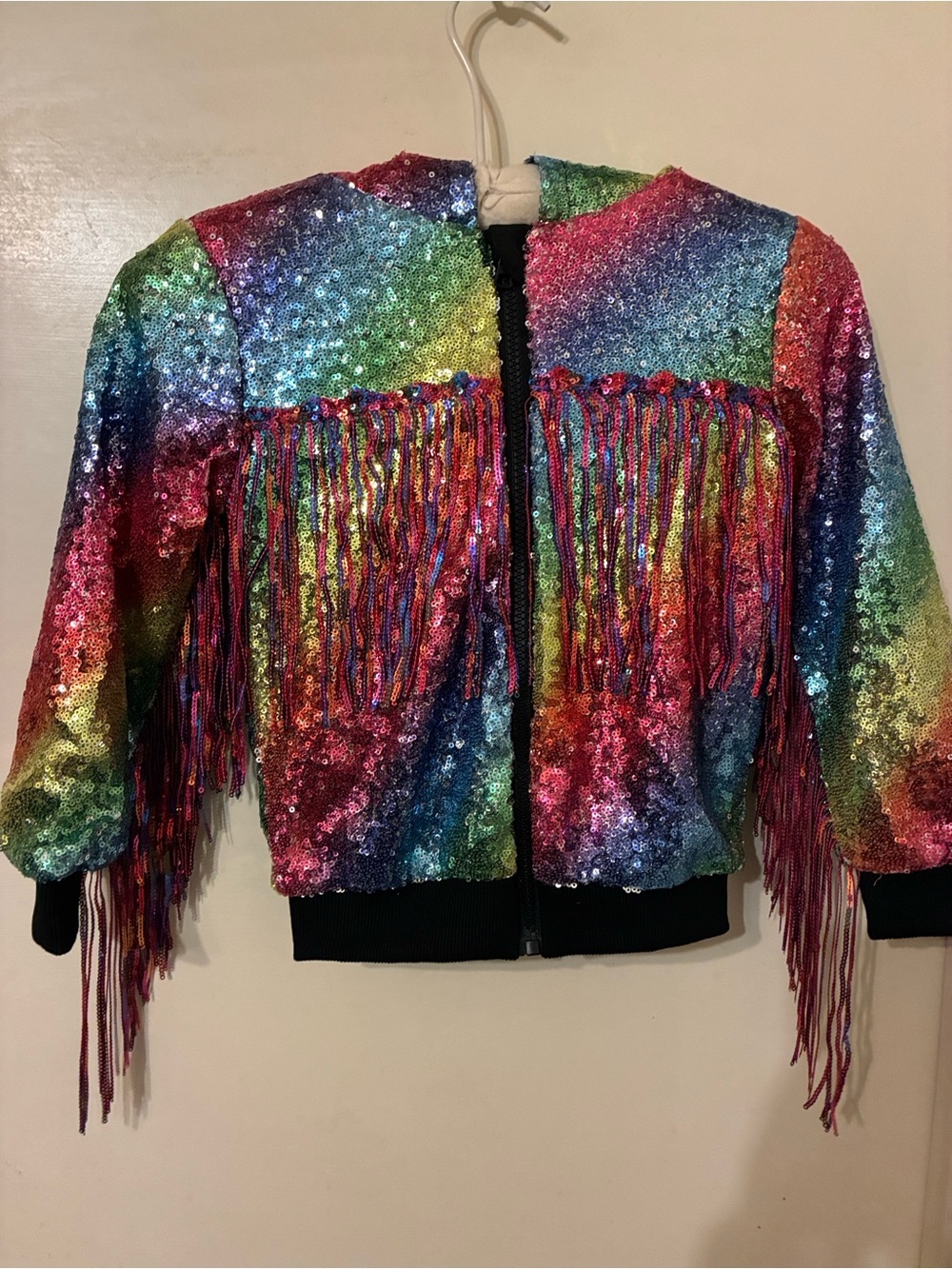 NWT Rainbow Sequin Fringe Bomber Jacket Girls Medium | Y2K| performance wear